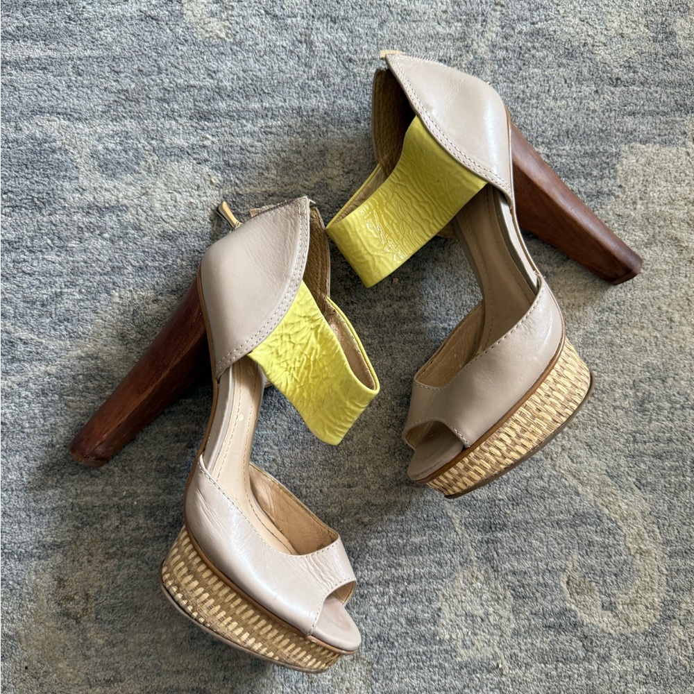 Biondini Leather & Rafia Platform Block Heels